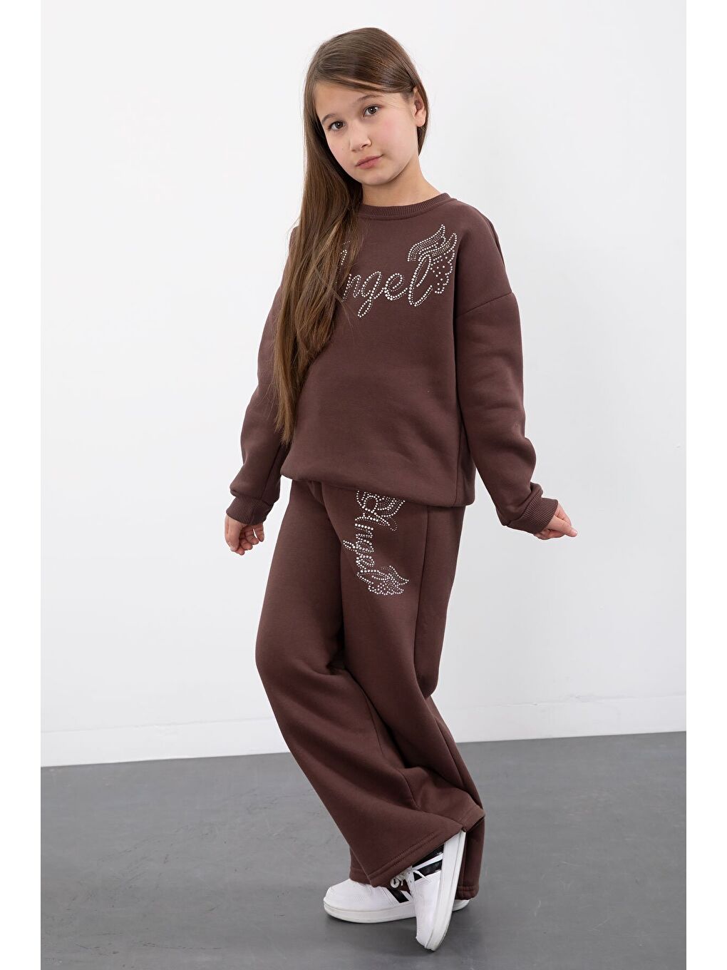 Kahverengi Kanatlı Angel Yazılı Kız Çocuk Şardonlu Eşofman Takımı 23346-3