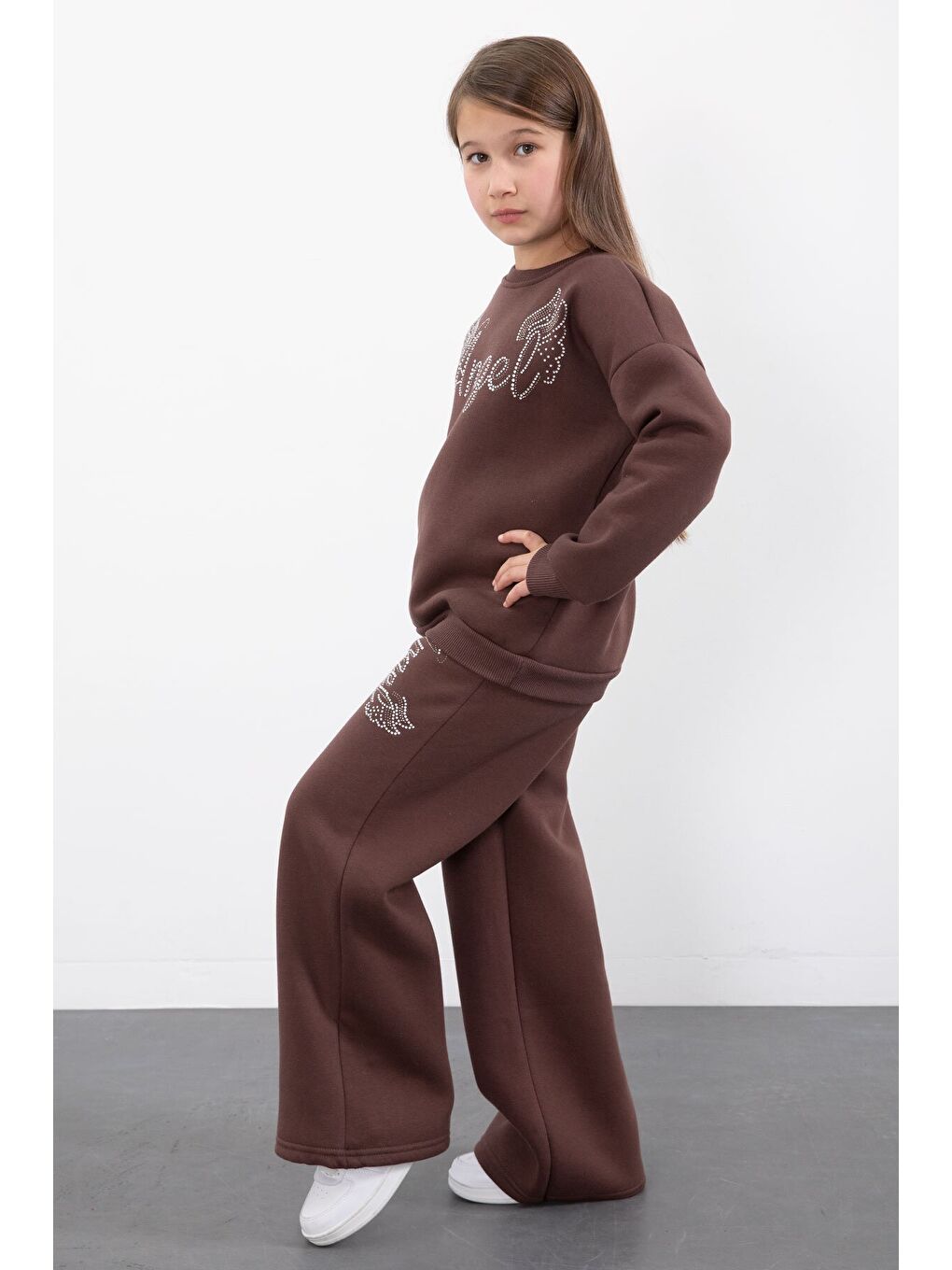 Kahverengi Kanatlı Angel Yazılı Kız Çocuk Şardonlu Eşofman Takımı 23346-4