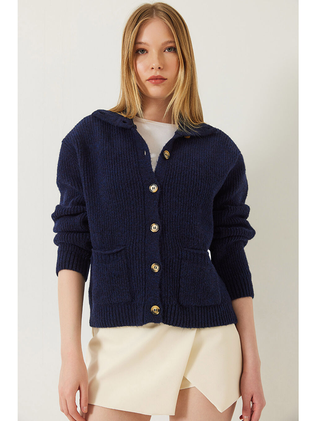 Lacivert Kadın Selanik Örgü Cepli Triko Hırka