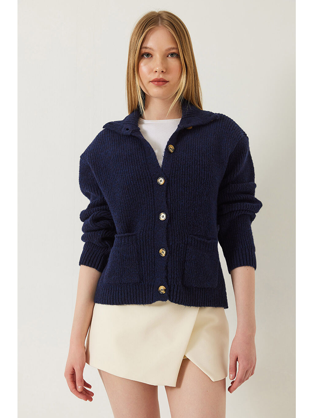 Lacivert Kadın Selanik Örgü Cepli Triko Hırka-1