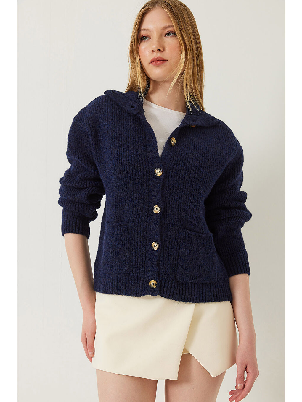 Lacivert Kadın Selanik Örgü Cepli Triko Hırka-2