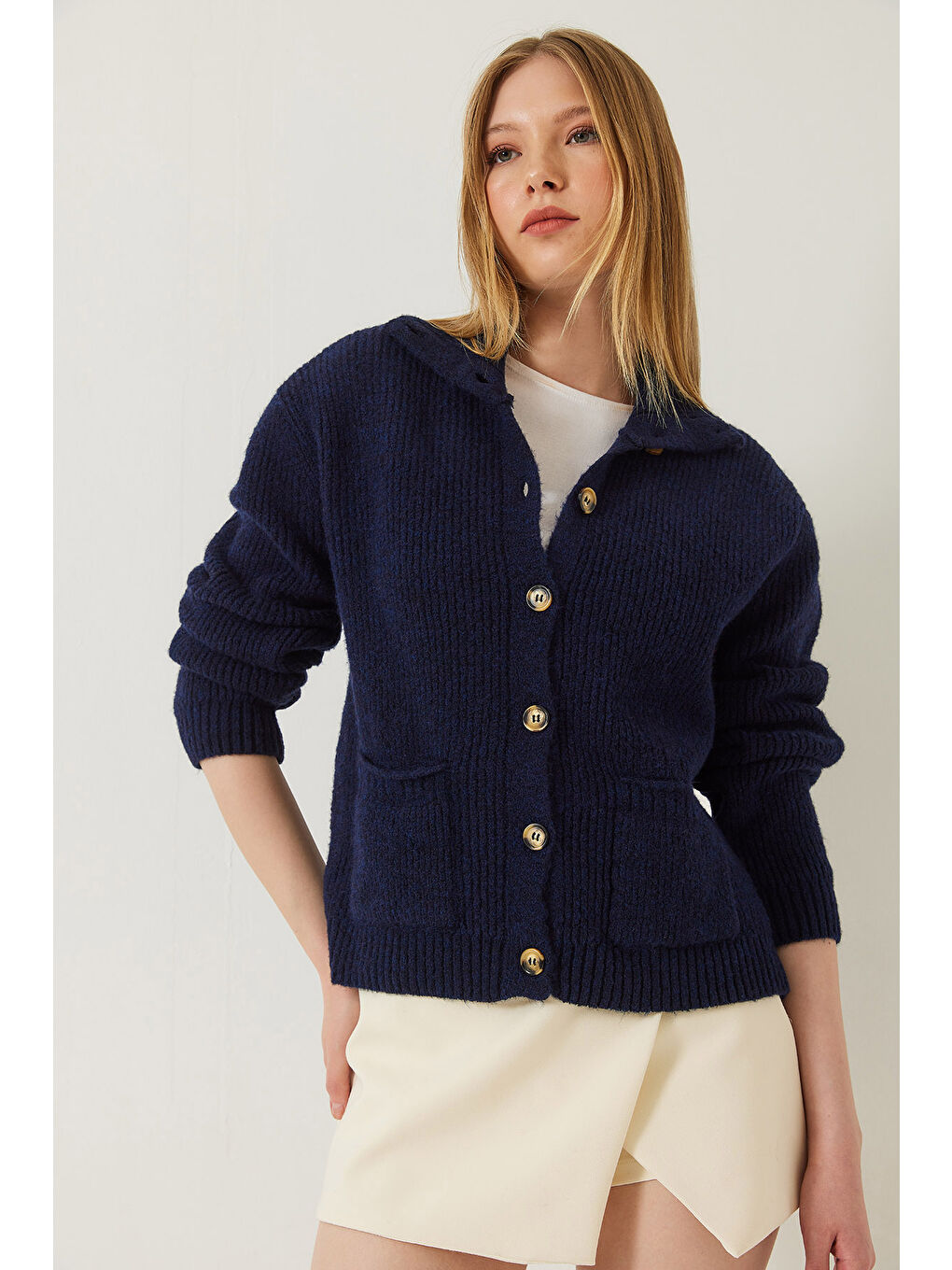 Lacivert Kadın Selanik Örgü Cepli Triko Hırka-3