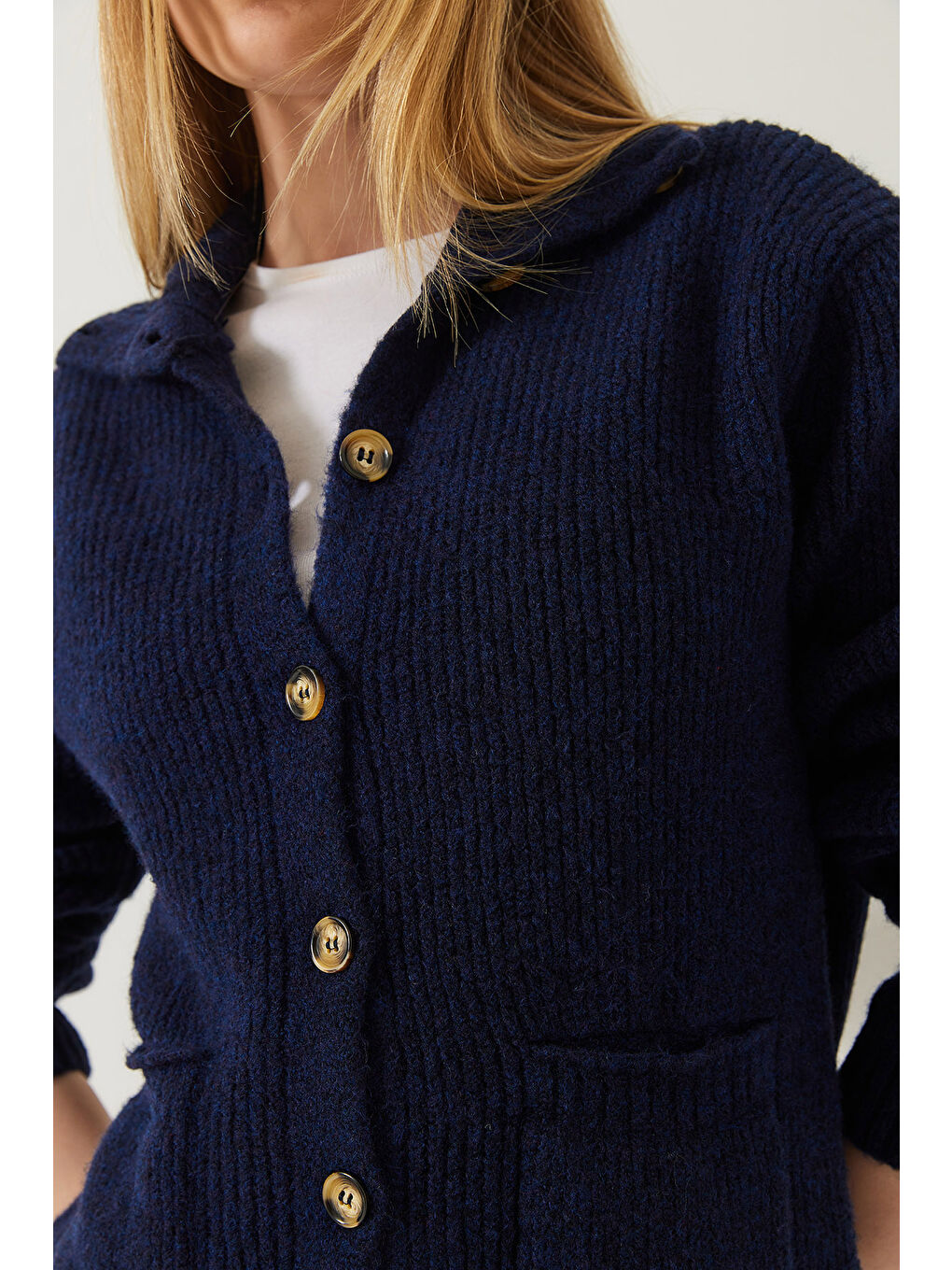 Lacivert Kadın Selanik Örgü Cepli Triko Hırka-4