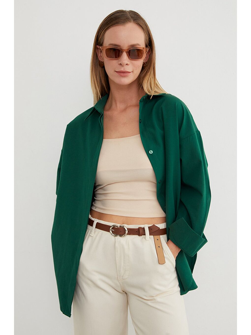 Yeşil Basic Yırtmaçlı Oversize Gömlek