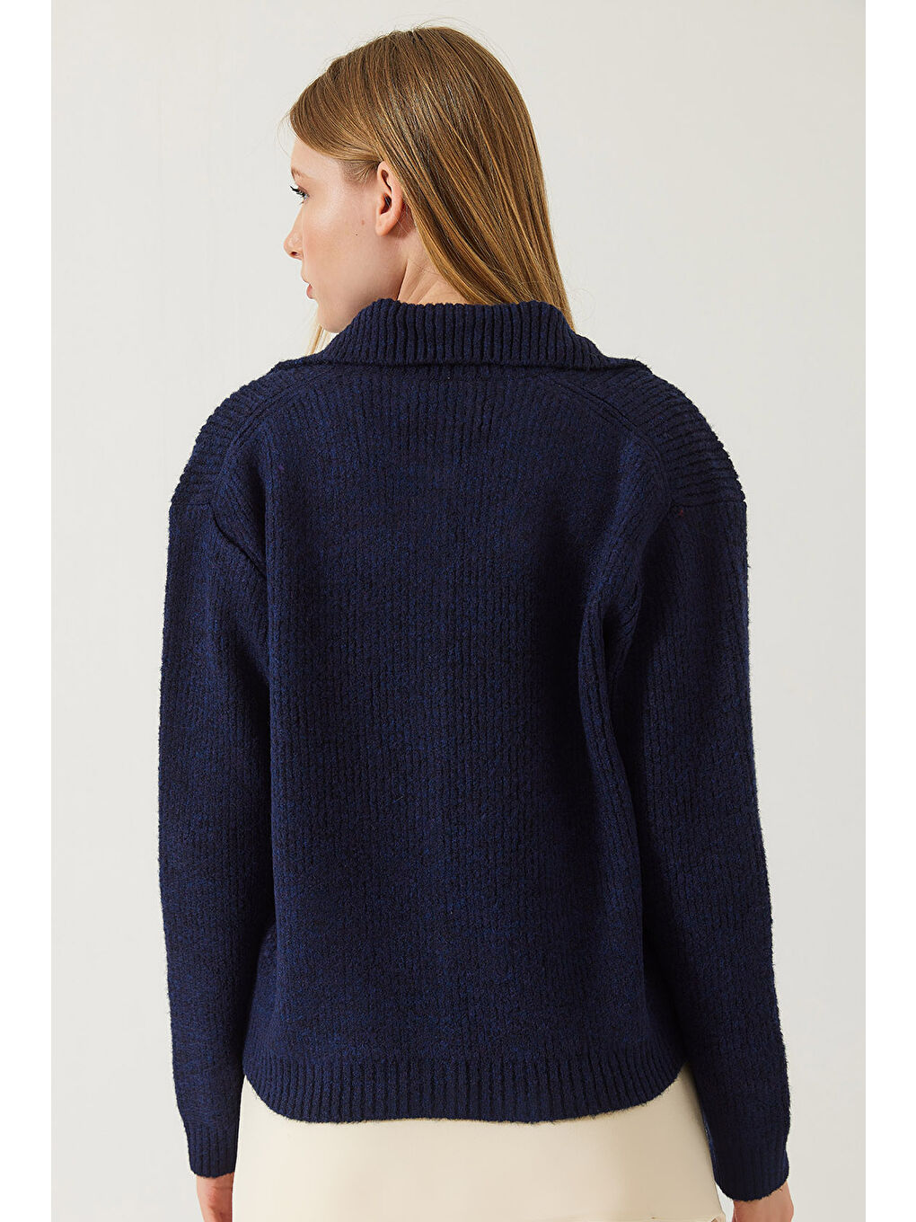 Lacivert Kadın Selanik Örgü Cepli Triko Hırka-5