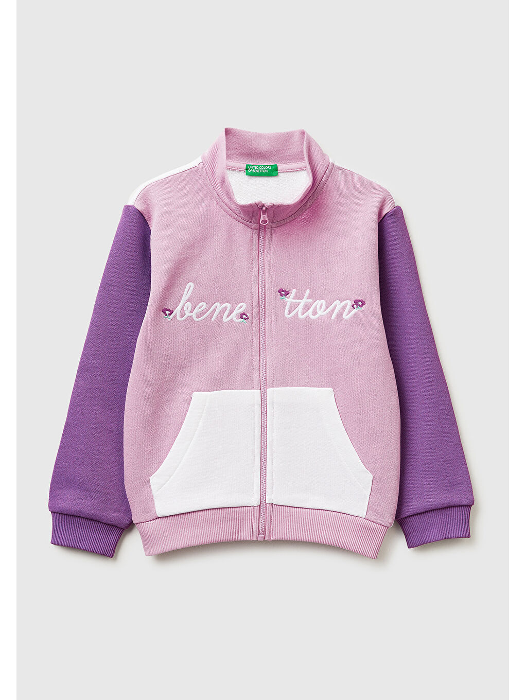 Kız Çocuk Lila-Beyaz Mix Simli Grafik Baskılı Logolu Cepli Fermuarlı Sweatshirt