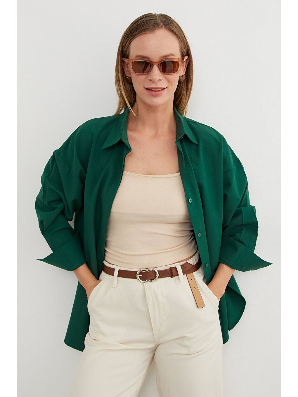 Yeşil Basic Yırtmaçlı Oversize Gömlek-3