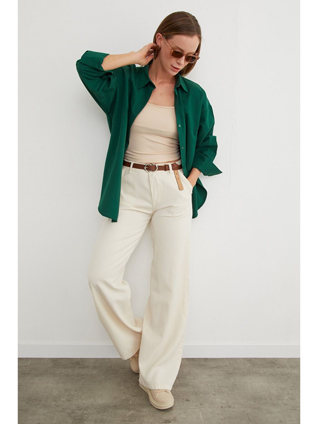 Yeşil Basic Yırtmaçlı Oversize Gömlek-4