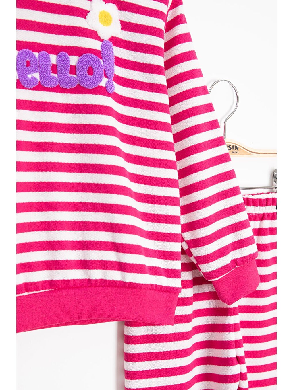 Fuşya Papatya Nakışlı Çizgili Kız Çocuk Takım 23354-2