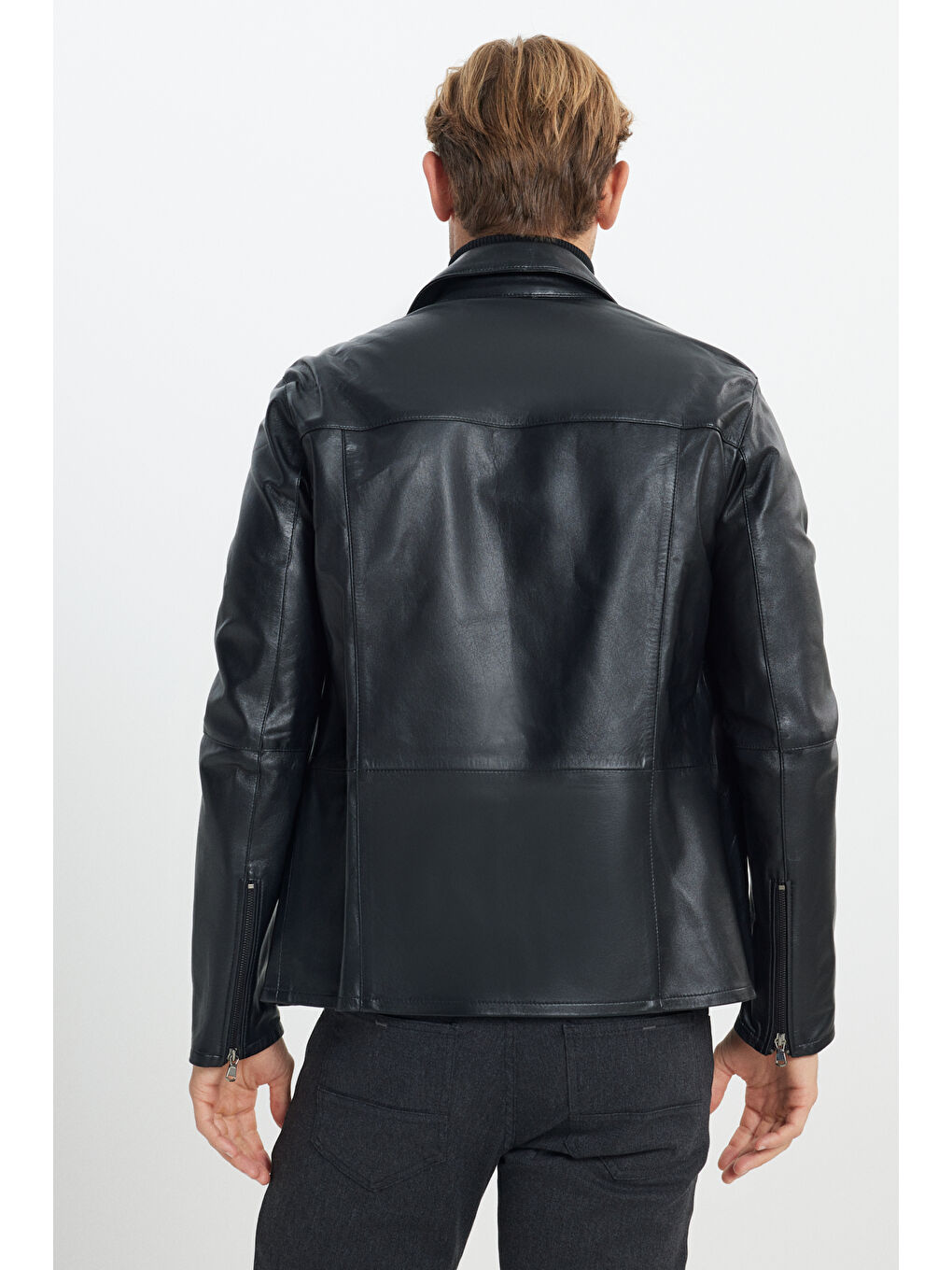 Erkek Siyah Standart Fit Normal Kesim %100 Hakiki Deri Dik Yaka Ceket-5