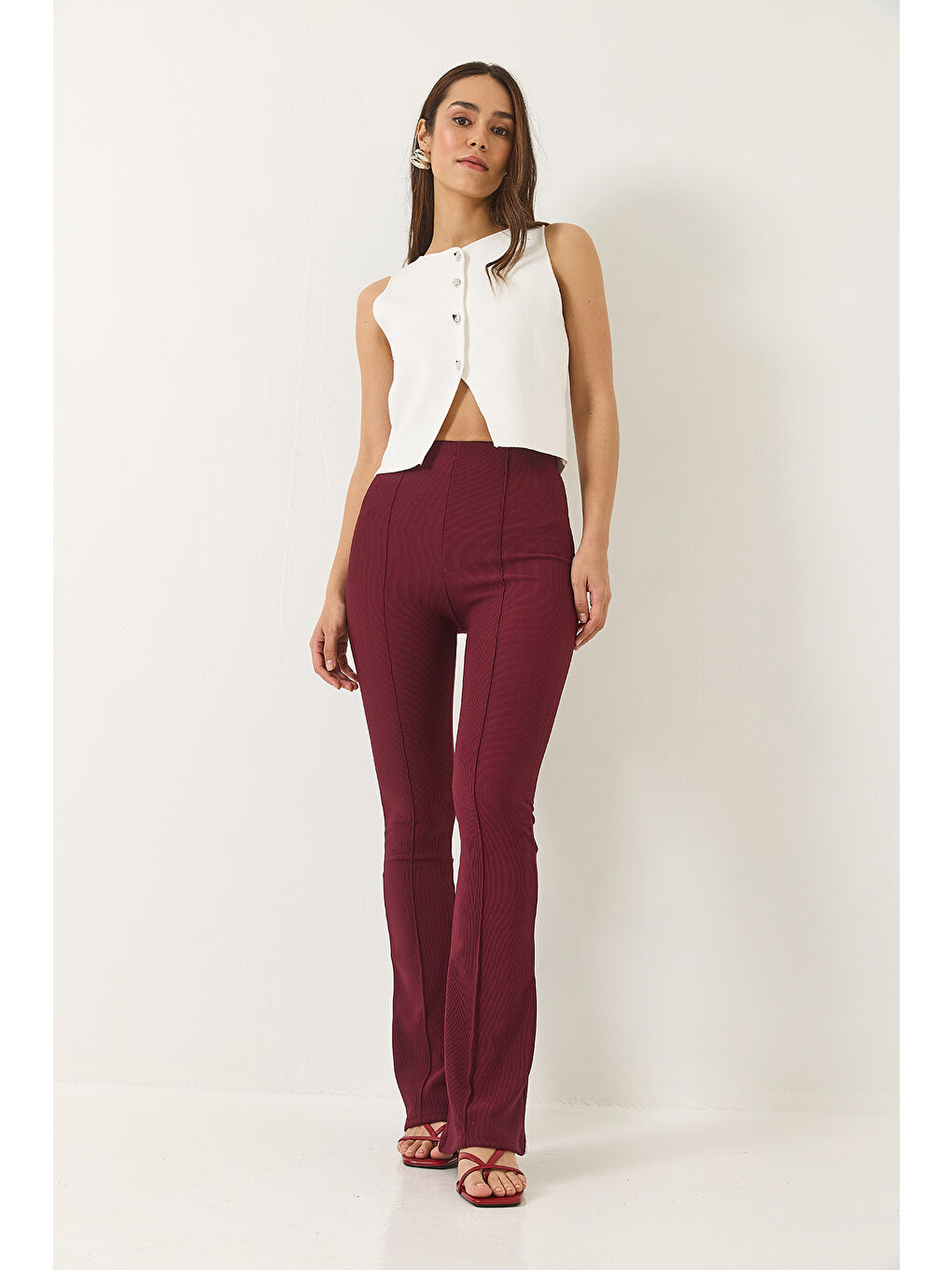 Bordo Kadın Yüksek Bel İspanyol Paça Nervürlü Tayt Pantolon-1