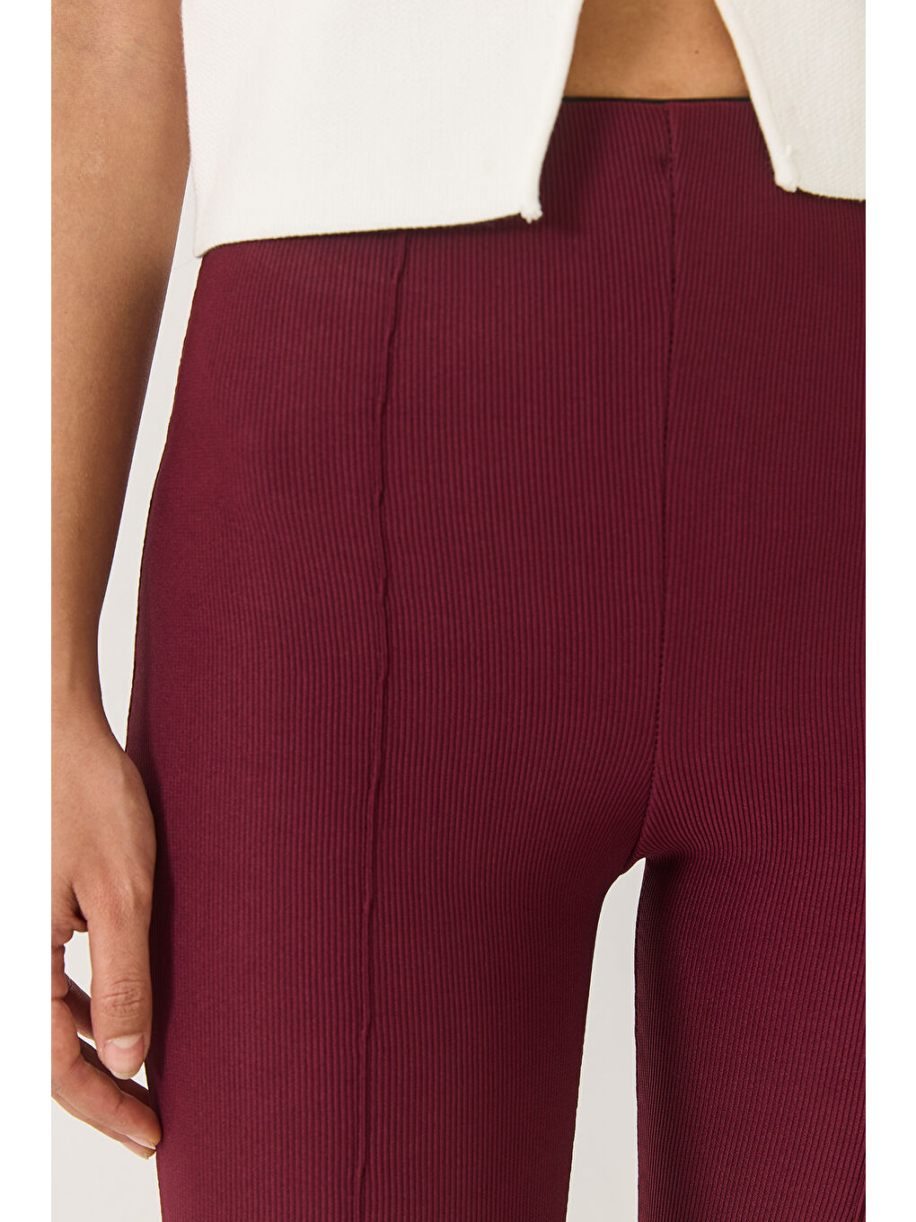 Bordo Kadın Yüksek Bel İspanyol Paça Nervürlü Tayt Pantolon-4