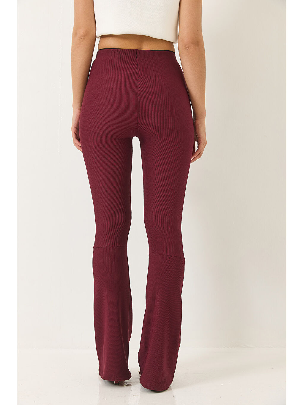 Bordo Kadın Yüksek Bel İspanyol Paça Nervürlü Tayt Pantolon-5