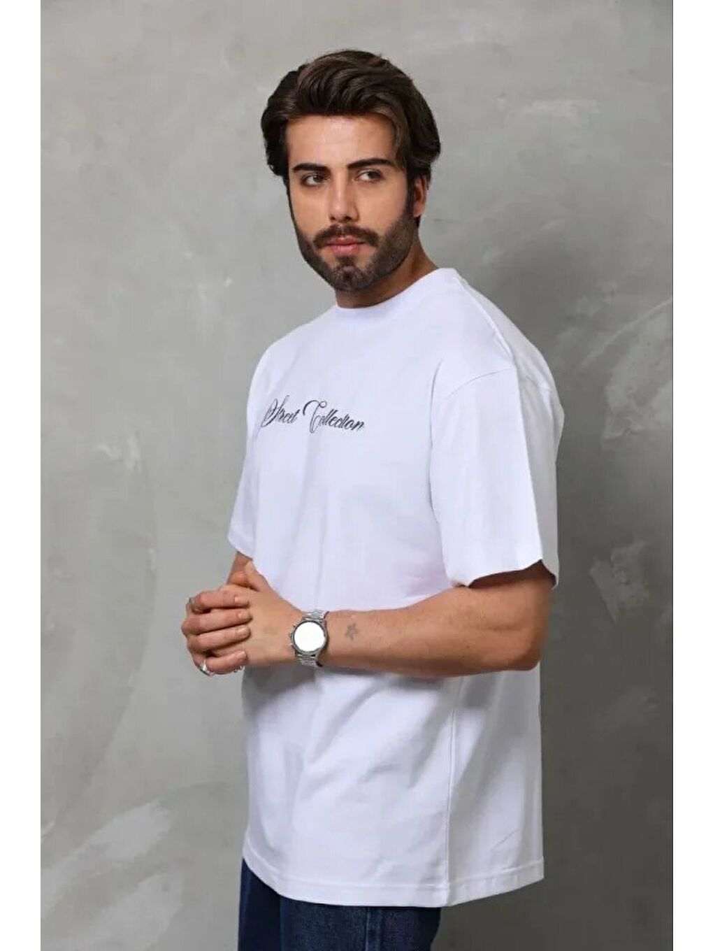 Beyaz Erkek Baskılı Tişört-1