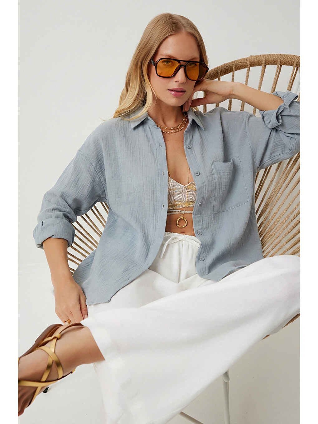 Gri Oversize Basic Müslin Gömlek ORTA GRİ LMX0002-1