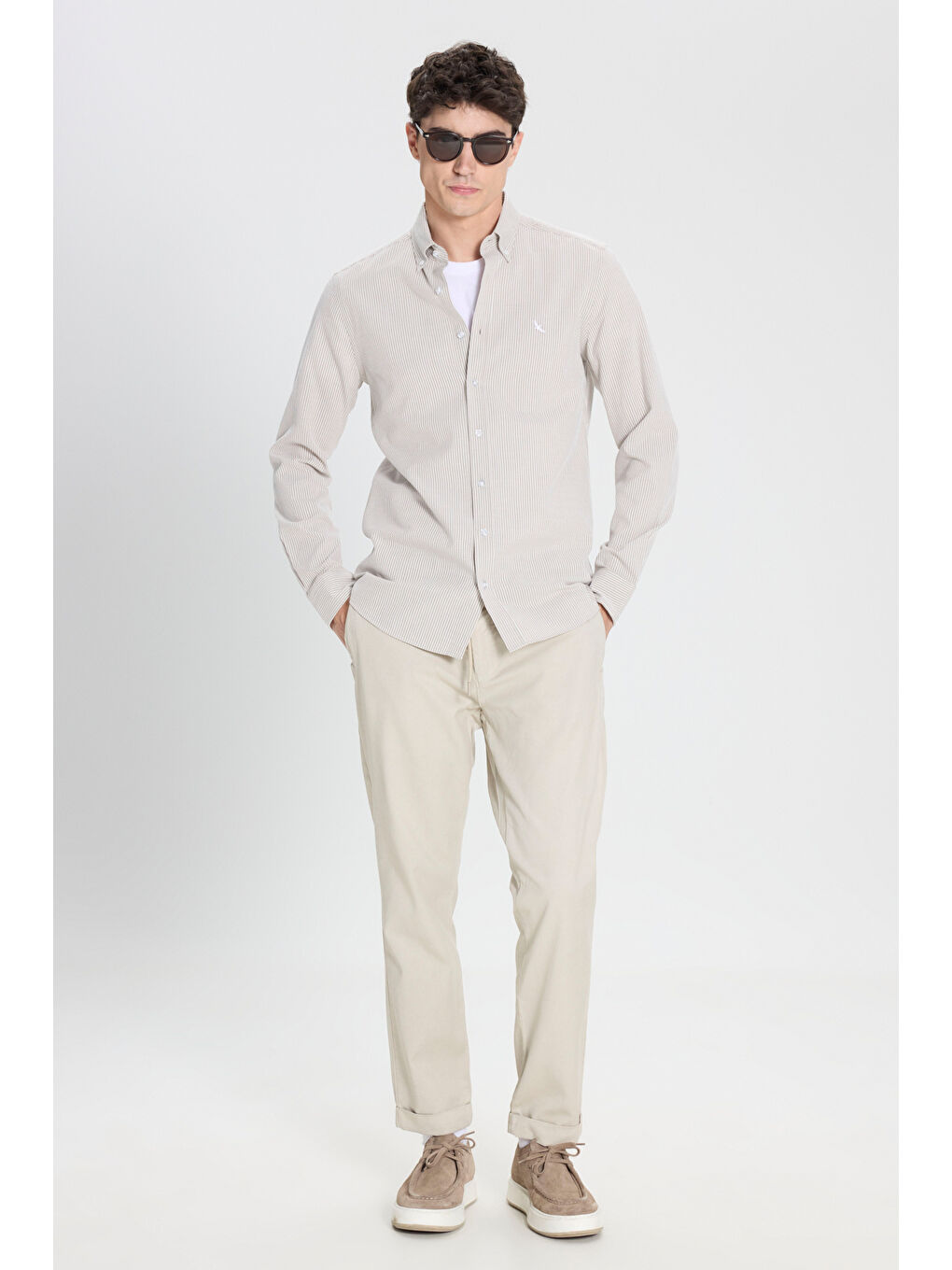 Erkek Bej Pamuklu Slim Fit Dar Kesim Diagonal Desenli Pileli Yan Cep Casual Pantolon-3