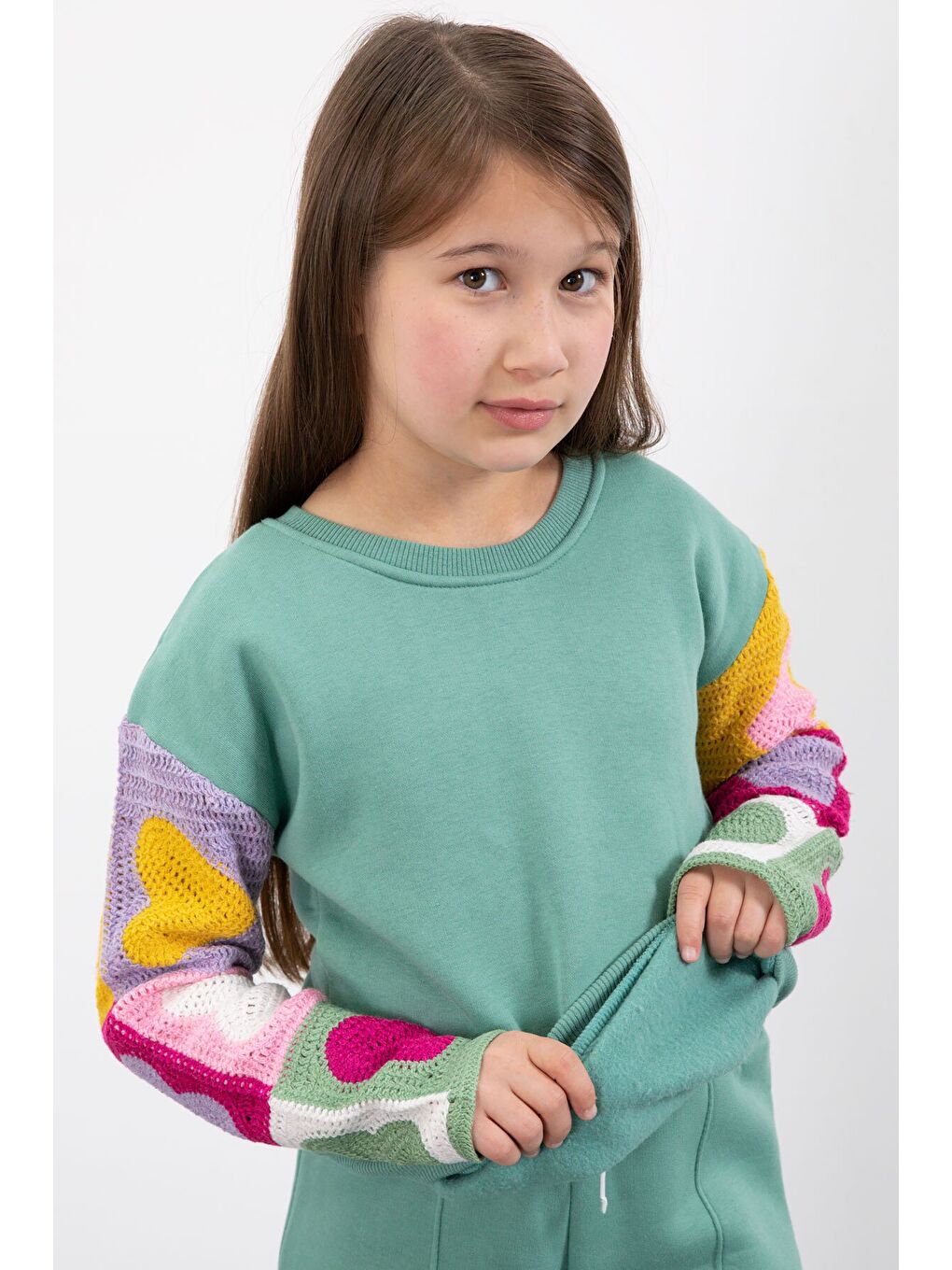 Yeşil Nakışlı Kolları Dantel Şardonlu Kız Çocuk Eşofman Takımı 23355-4