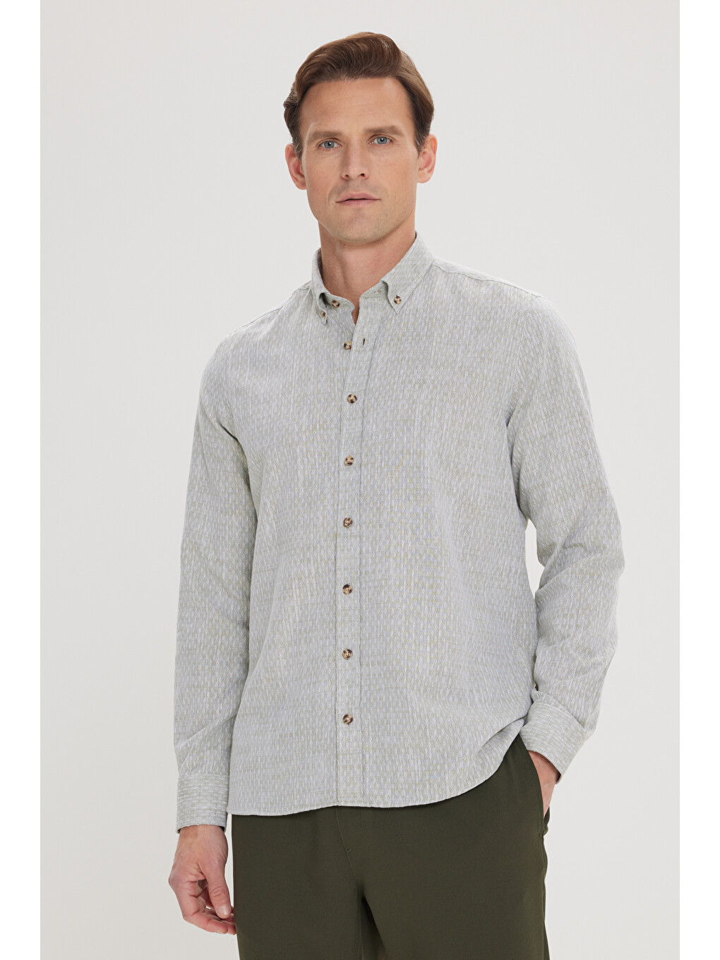 Erkek Yeşil Slim Fit Dar Kesim %100 Pamuk Armürlü Düğmeli Yaka Casual Gömlek