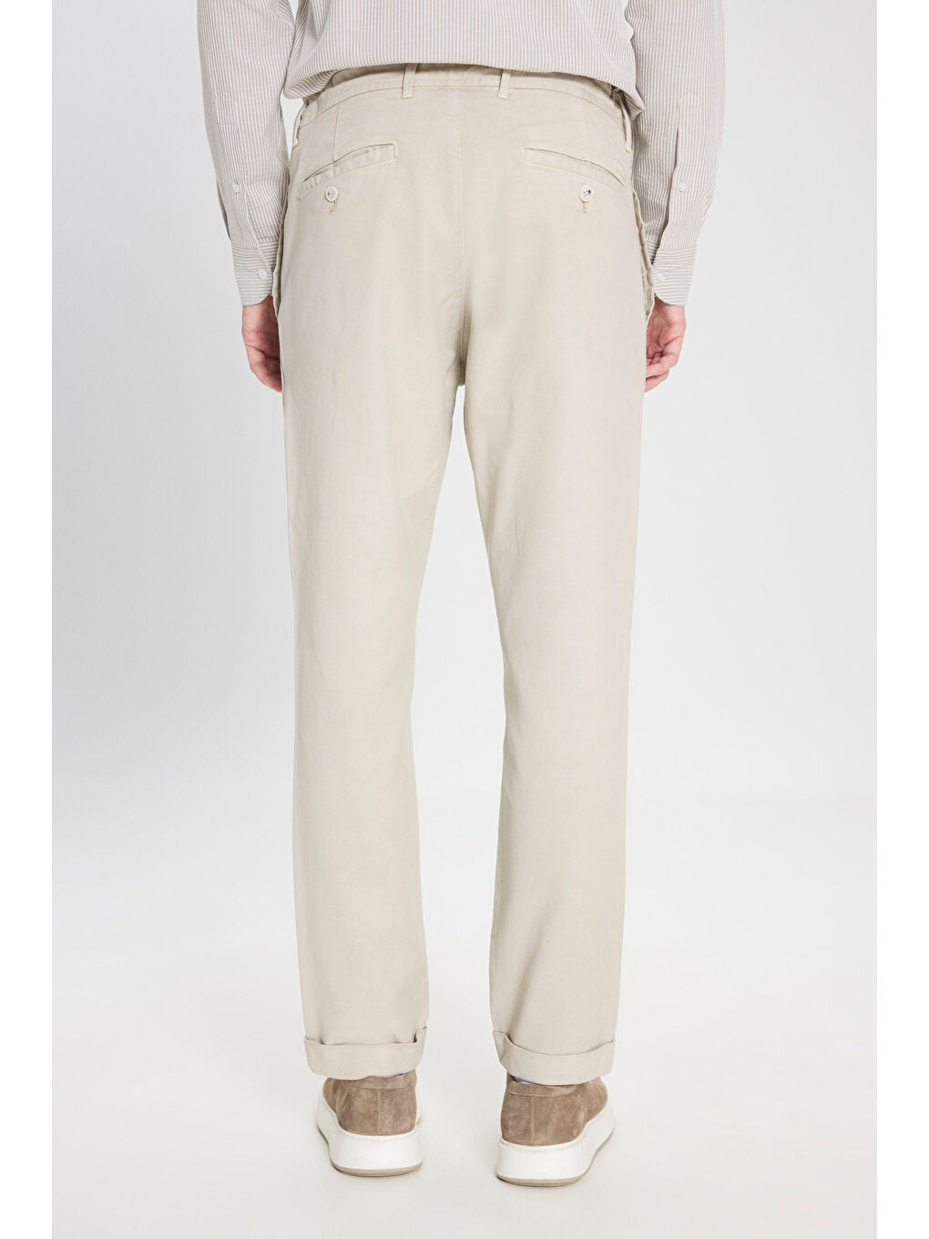 Erkek Bej Pamuklu Slim Fit Dar Kesim Diagonal Desenli Pileli Yan Cep Casual Pantolon-5