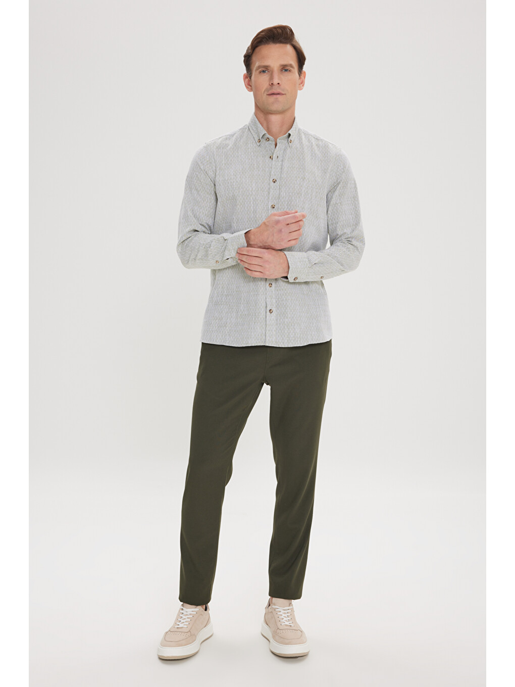 Erkek Yeşil Slim Fit Dar Kesim %100 Pamuk Armürlü Düğmeli Yaka Casual Gömlek-1