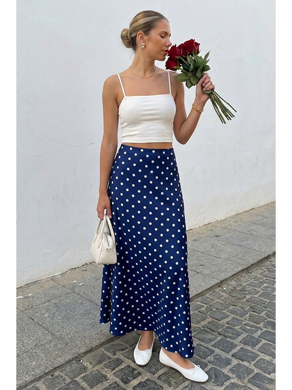 Lacivert Puantiyeli Maxi Kadın Saten Etek Mg2725