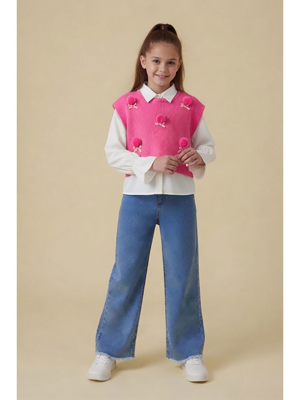 Pembe Ponponlu Süveterli Gömlekli Kız Çocuk Jean Pantolonlu 3lü Takım 24106