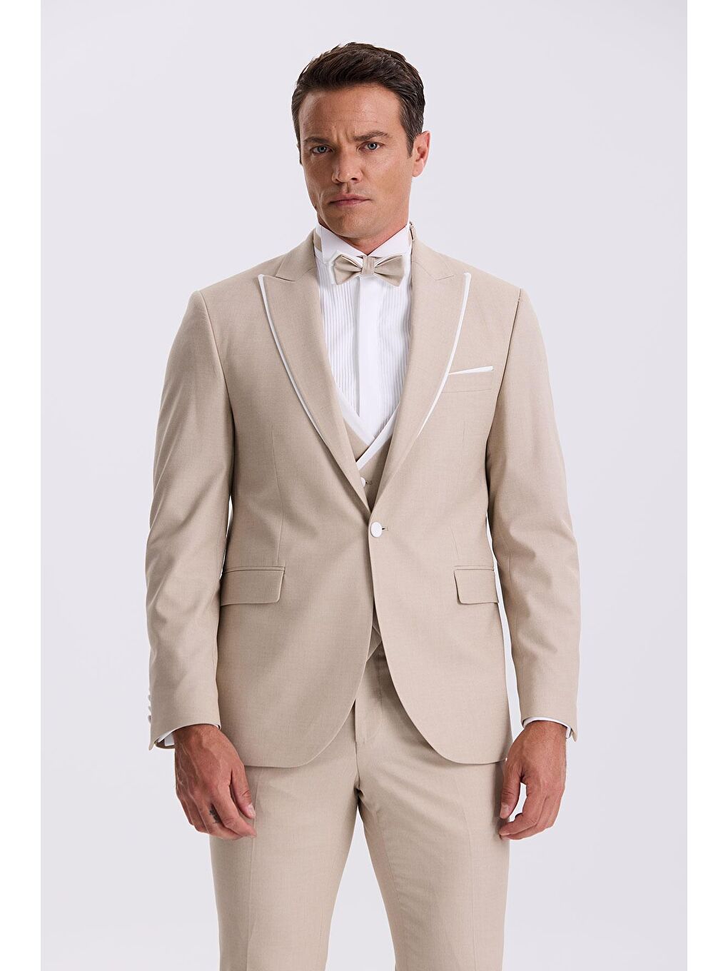 Bej Vizon Slim Fit Kırlangıç Yaka Yelekli Smokin Damatlık Takım Elbise-1