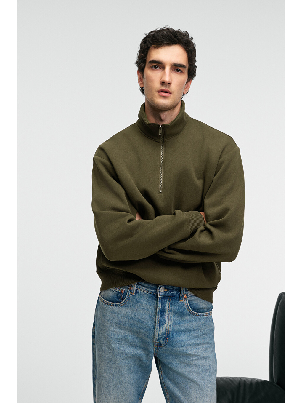 Haki BAXTER Erkek Dik Yakalı Fermuarlı Relaxed KOYU HAKİ Sweatshirt-1