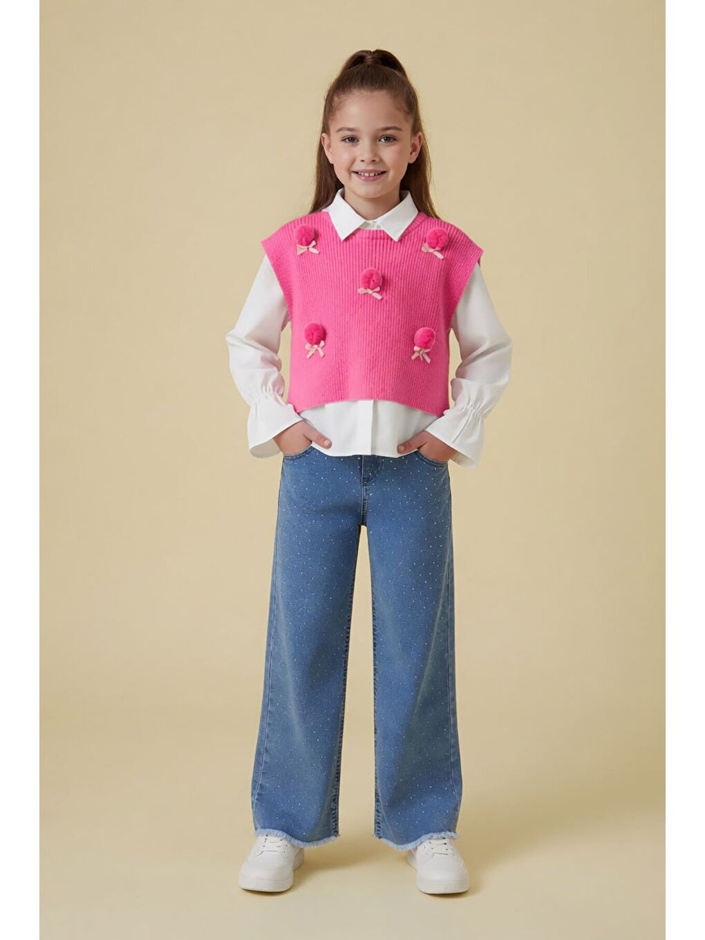 Pembe Ponponlu Süveterli Gömlekli Kız Çocuk Jean Pantolonlu 3lü Takım 24106-1