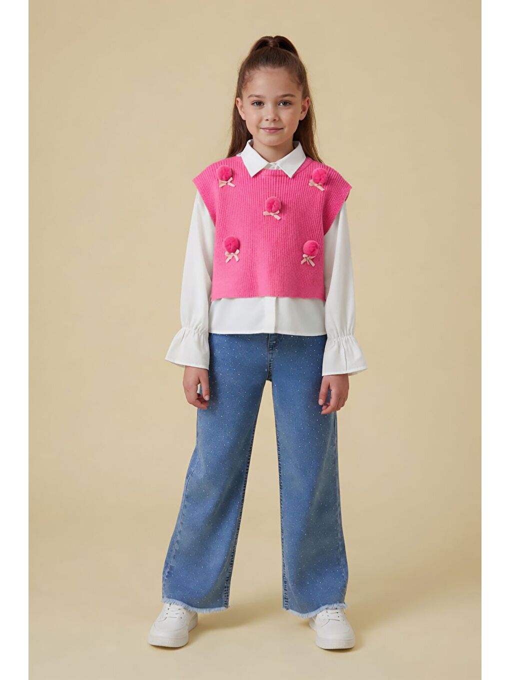 Pembe Ponponlu Süveterli Gömlekli Kız Çocuk Jean Pantolonlu 3lü Takım 24106-2