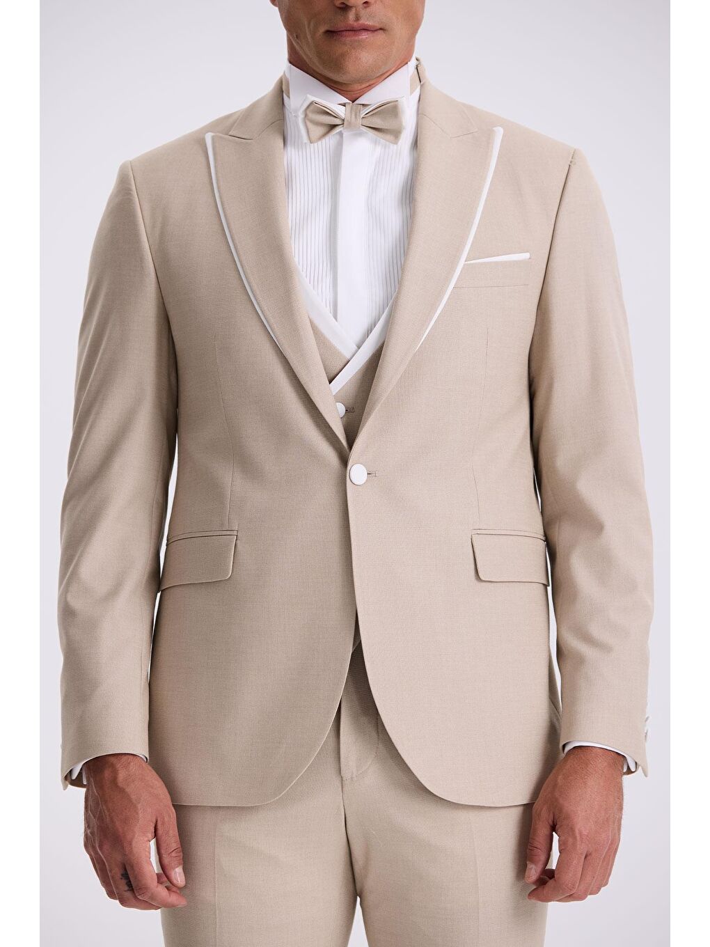 Bej Vizon Slim Fit Kırlangıç Yaka Yelekli Smokin Damatlık Takım Elbise-2