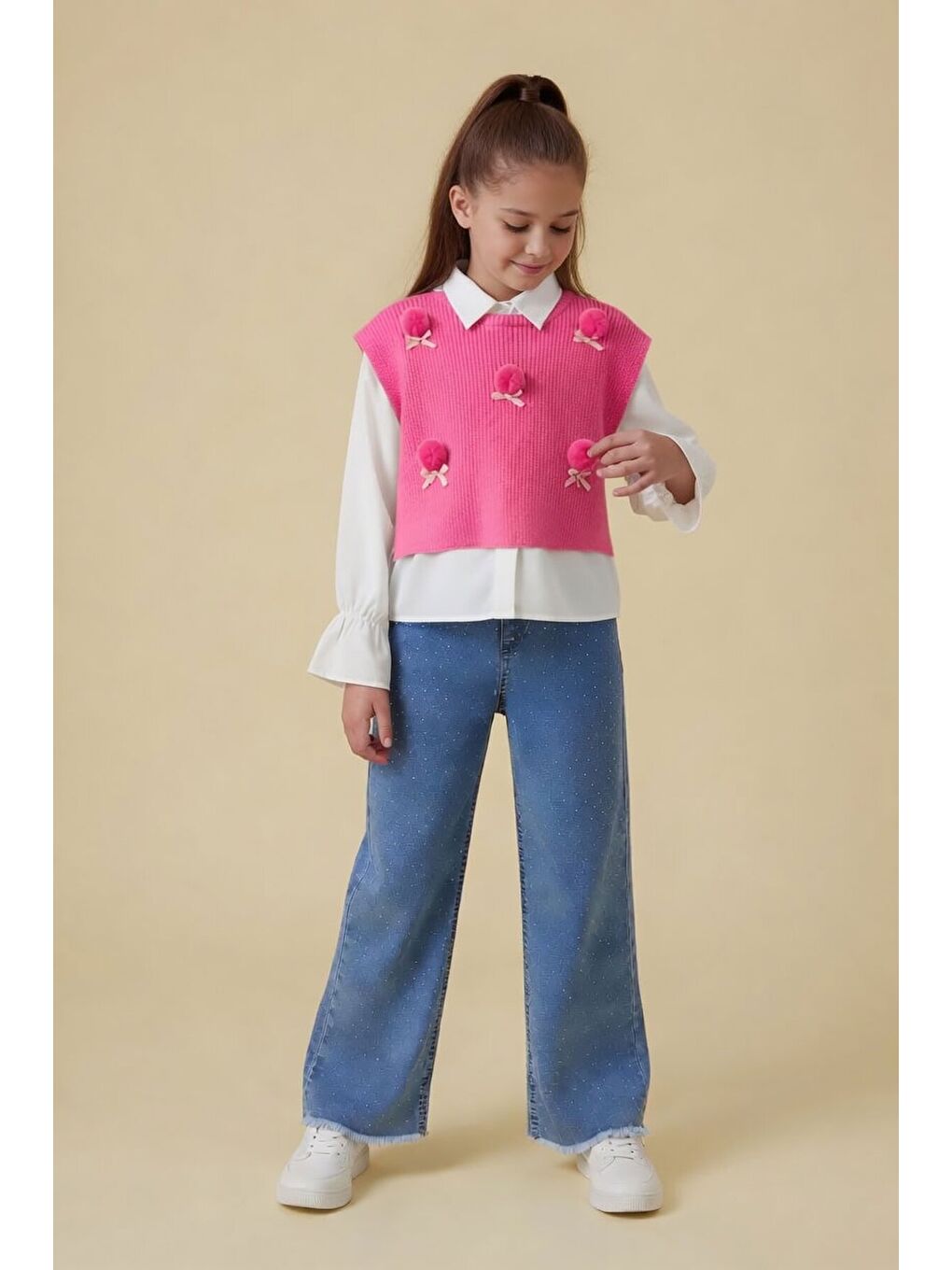 Pembe Ponponlu Süveterli Gömlekli Kız Çocuk Jean Pantolonlu 3lü Takım 24106-3
