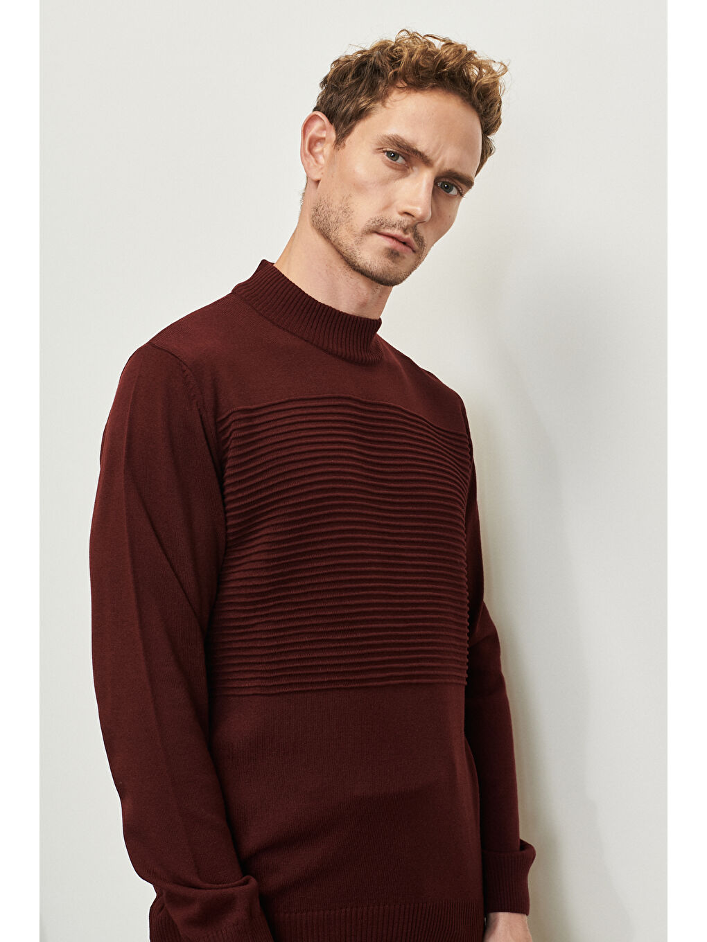 Erkek Bordo Tüylenme Yapmayan Standart Fit Yarım Balıkçı Yaka Çizgi Dokulu Triko Kazak-2