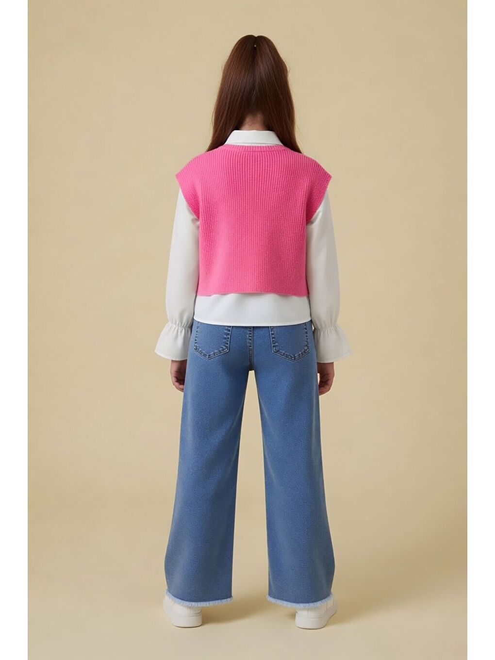 Pembe Ponponlu Süveterli Gömlekli Kız Çocuk Jean Pantolonlu 3lü Takım 24106-4