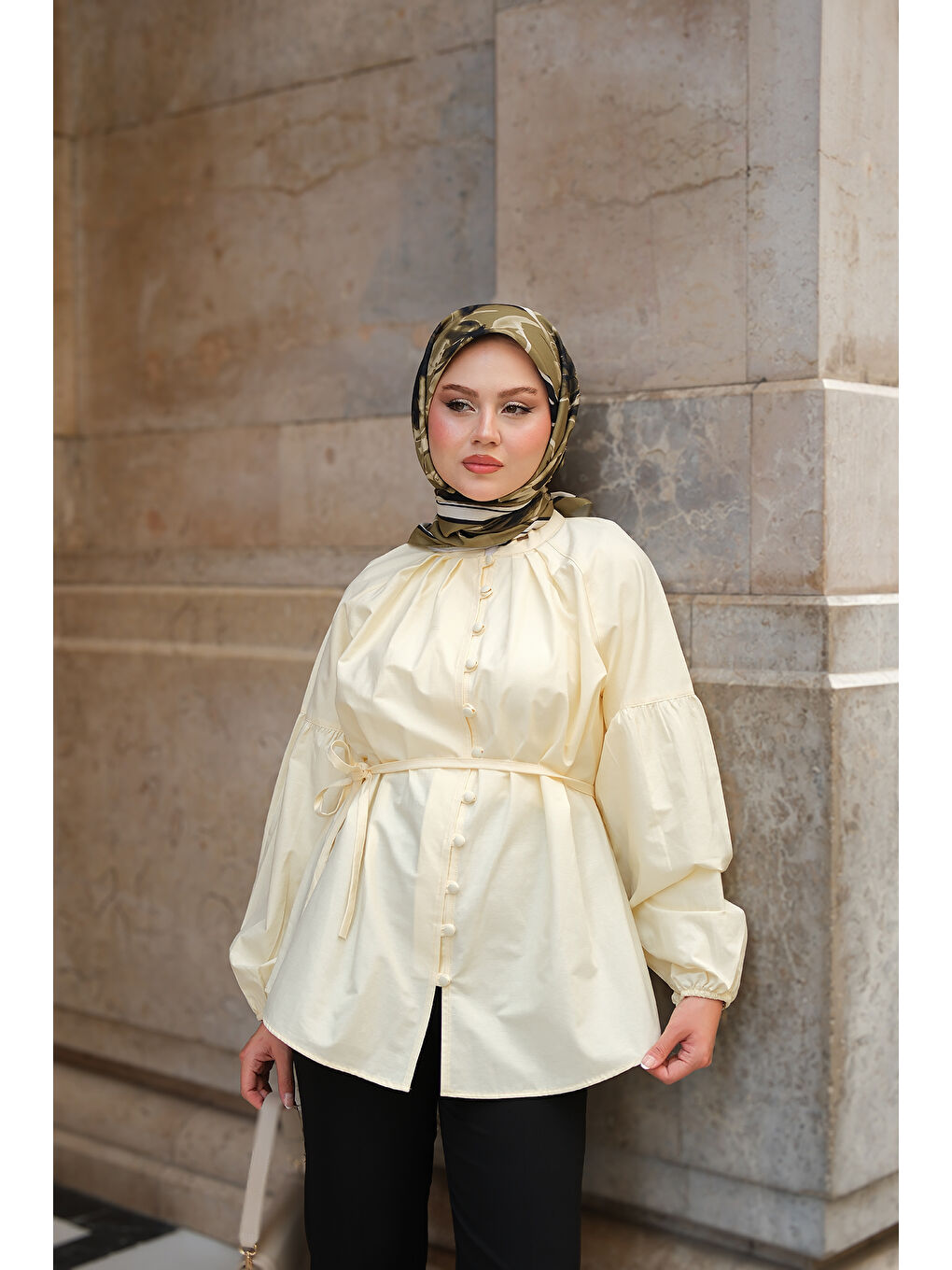 Kadın Brit Düğme Detaylı Gömlek Sarı-2