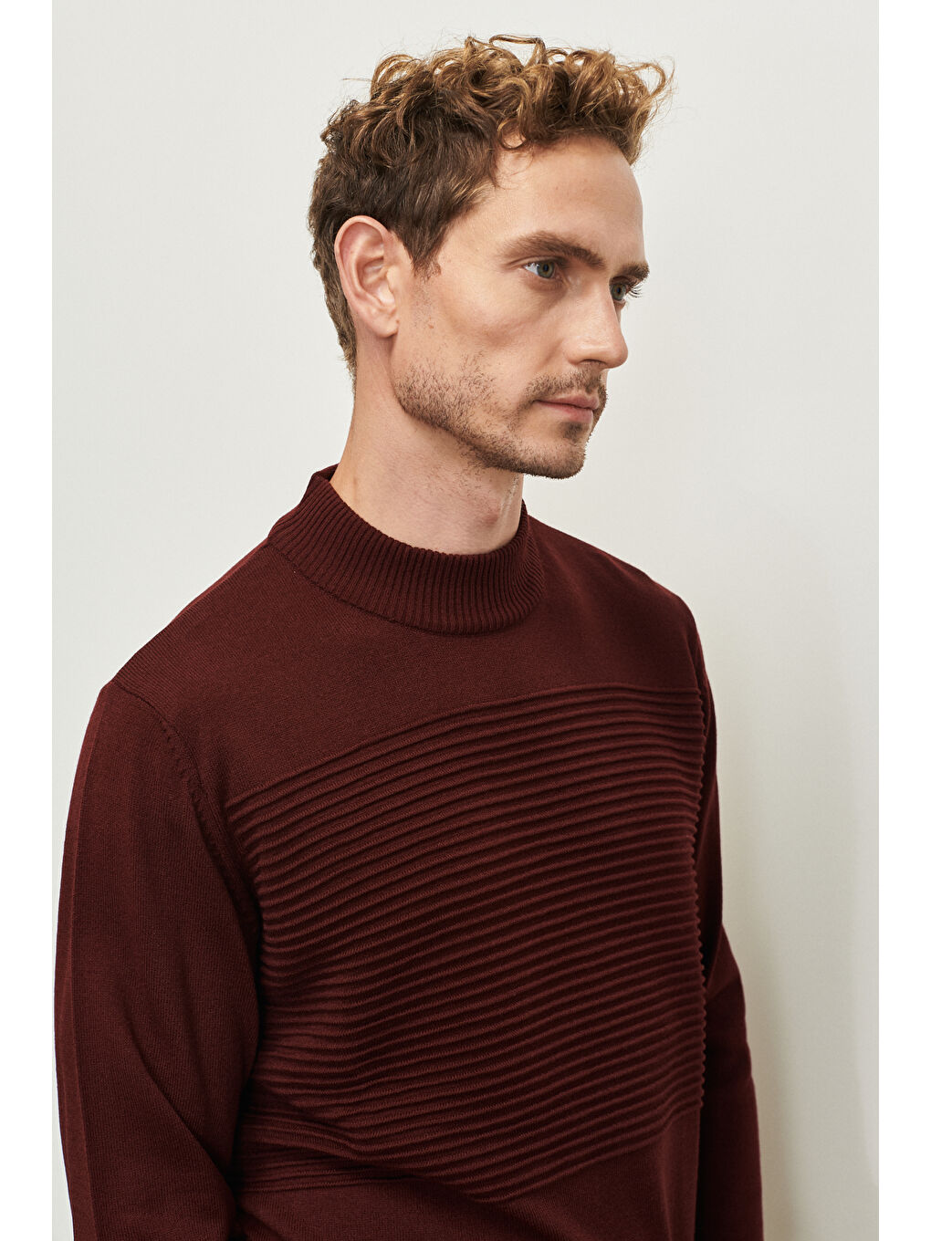 Erkek Bordo Tüylenme Yapmayan Standart Fit Yarım Balıkçı Yaka Çizgi Dokulu Triko Kazak-3