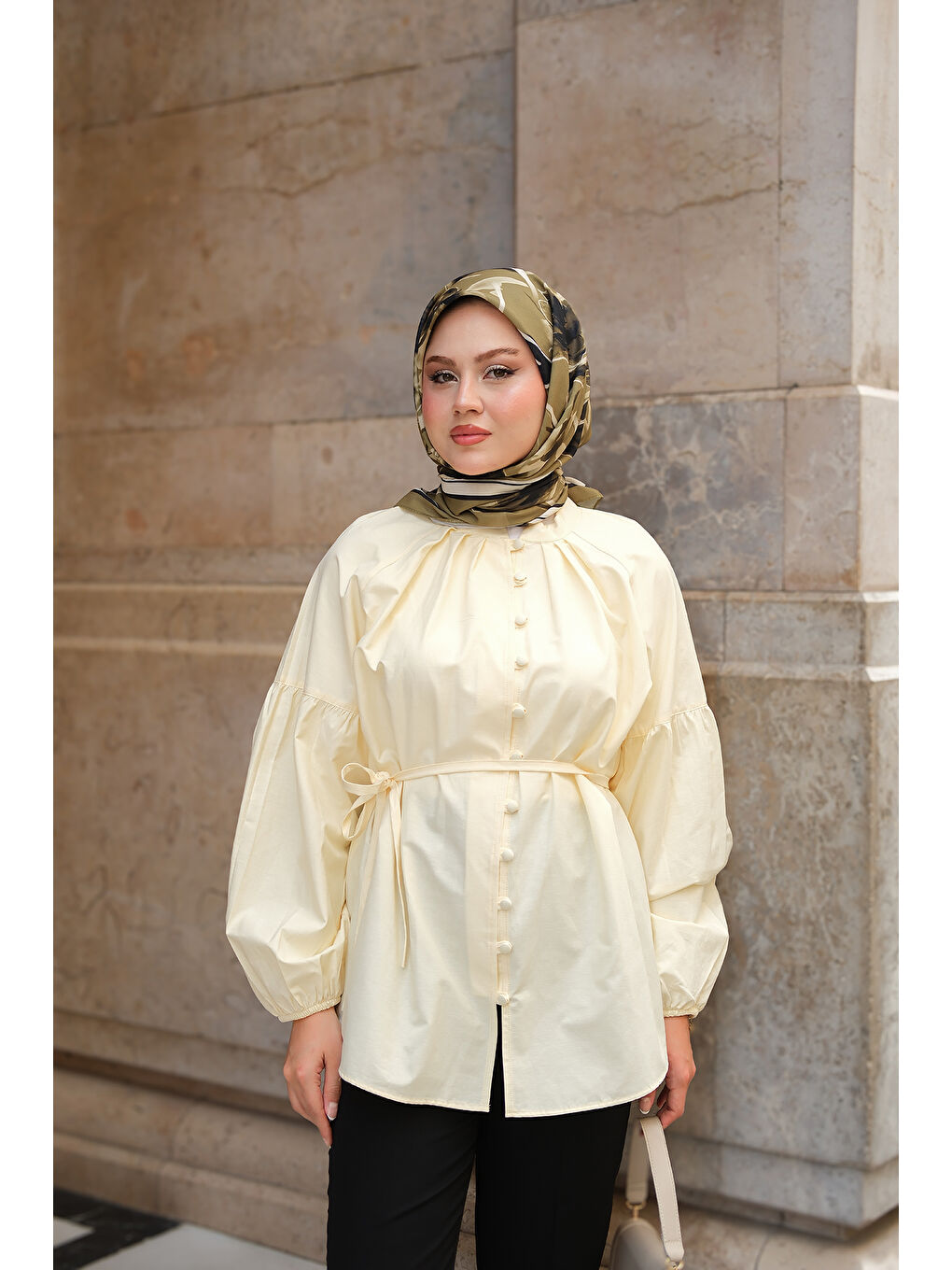 Kadın Brit Düğme Detaylı Gömlek Sarı-3