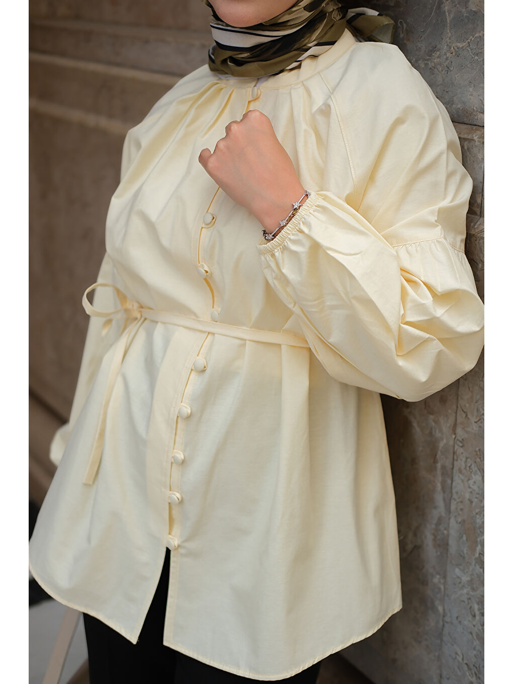 Kadın Brit Düğme Detaylı Gömlek Sarı-4