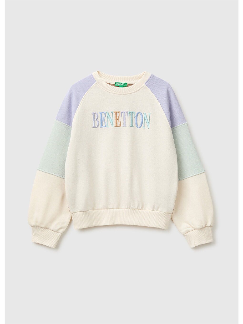 Ekru Kız Çocuk Krem Mix İşlemeli Renk Bloklu Reglan Kollu Bisiklet Yaka Sweatshirt