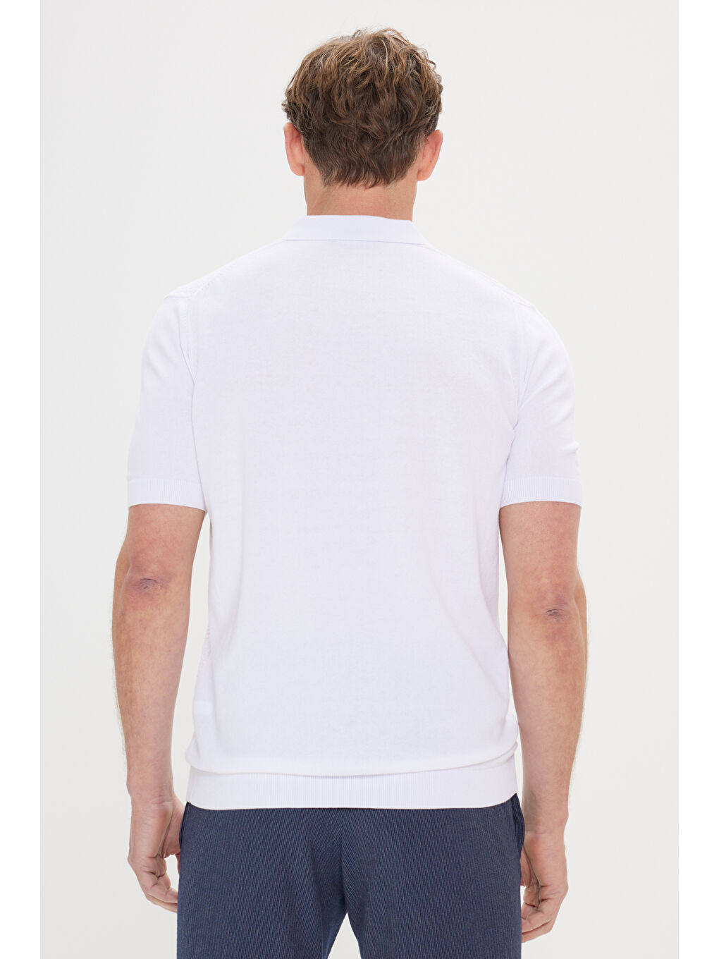 Erkek Beyaz Standart Fit Normal Kesim %100 Pamuk Armürlü Polo Yaka Triko Tişört-5