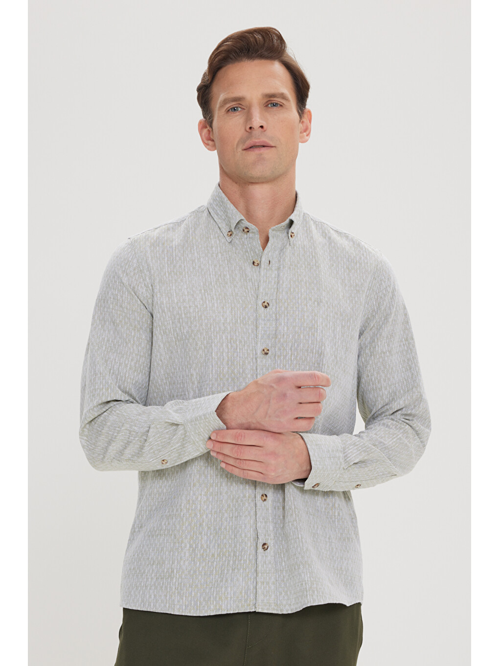 Erkek Yeşil Slim Fit Dar Kesim %100 Pamuk Armürlü Düğmeli Yaka Casual Gömlek-2