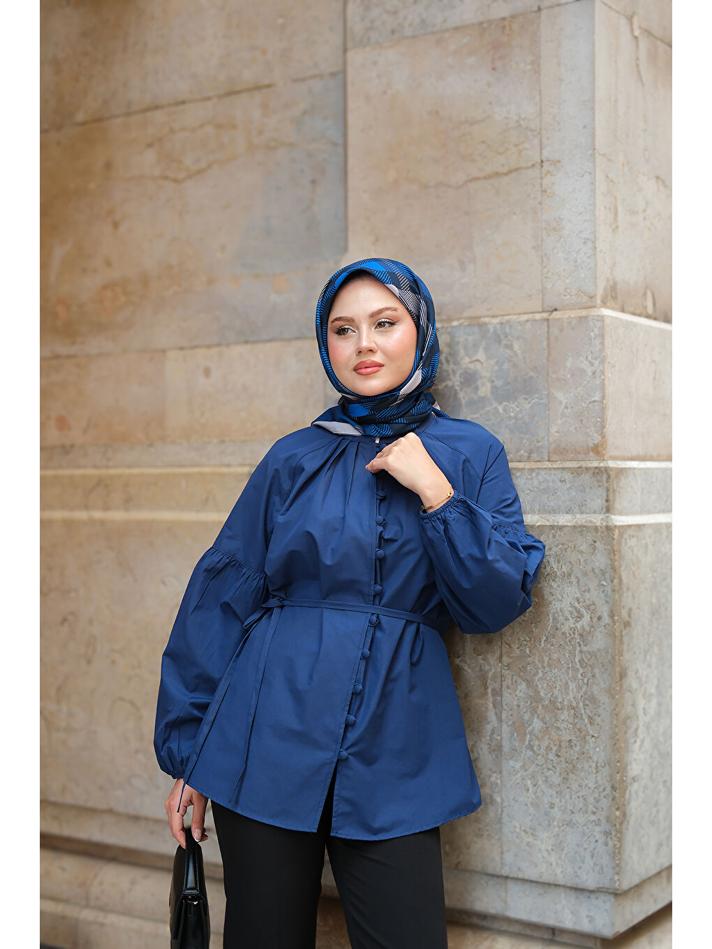 Kadın Brit Düğme Detaylı Gömlek Lacivert-2