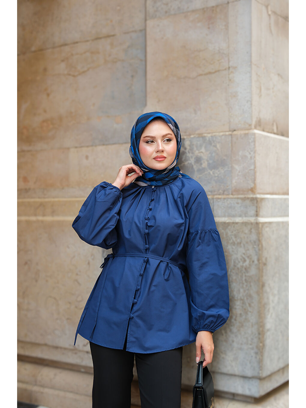 Kadın Brit Düğme Detaylı Gömlek Lacivert-3