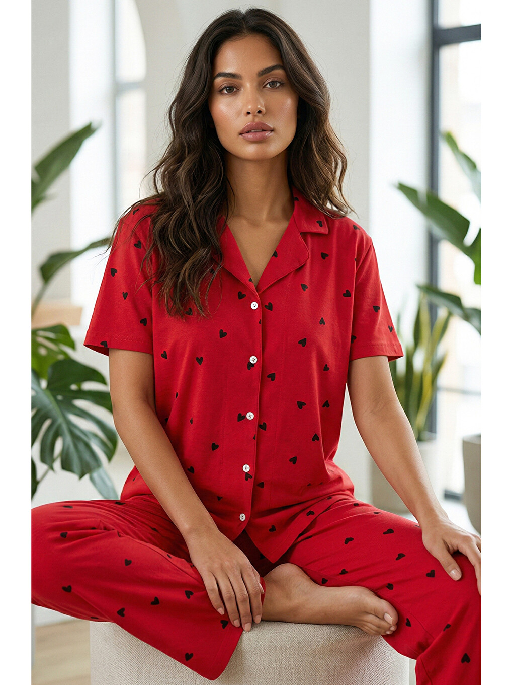 Kırmızı Kısa Kollu Pamuklu Düğmeli Pijama Takımı