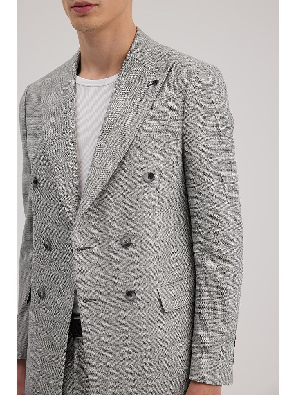 Gri Slim Fit Ekoseli Kruvaze Takım Elbise-2