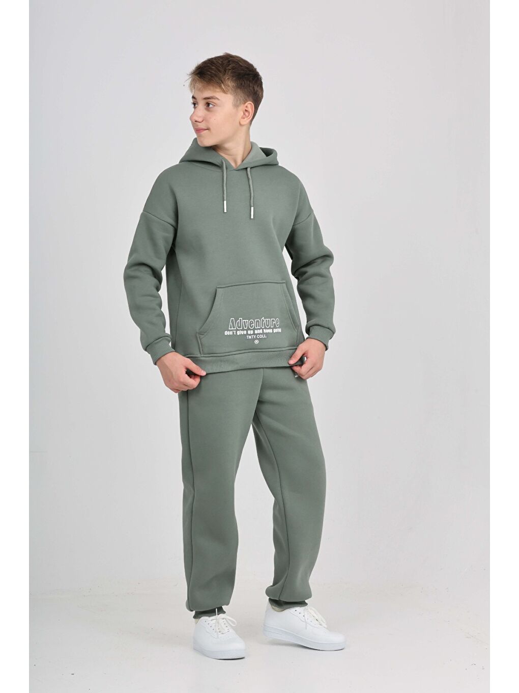 Yeşil Erkek Çocuk Kanguru Cep Baskılı Eşofman Takım-1