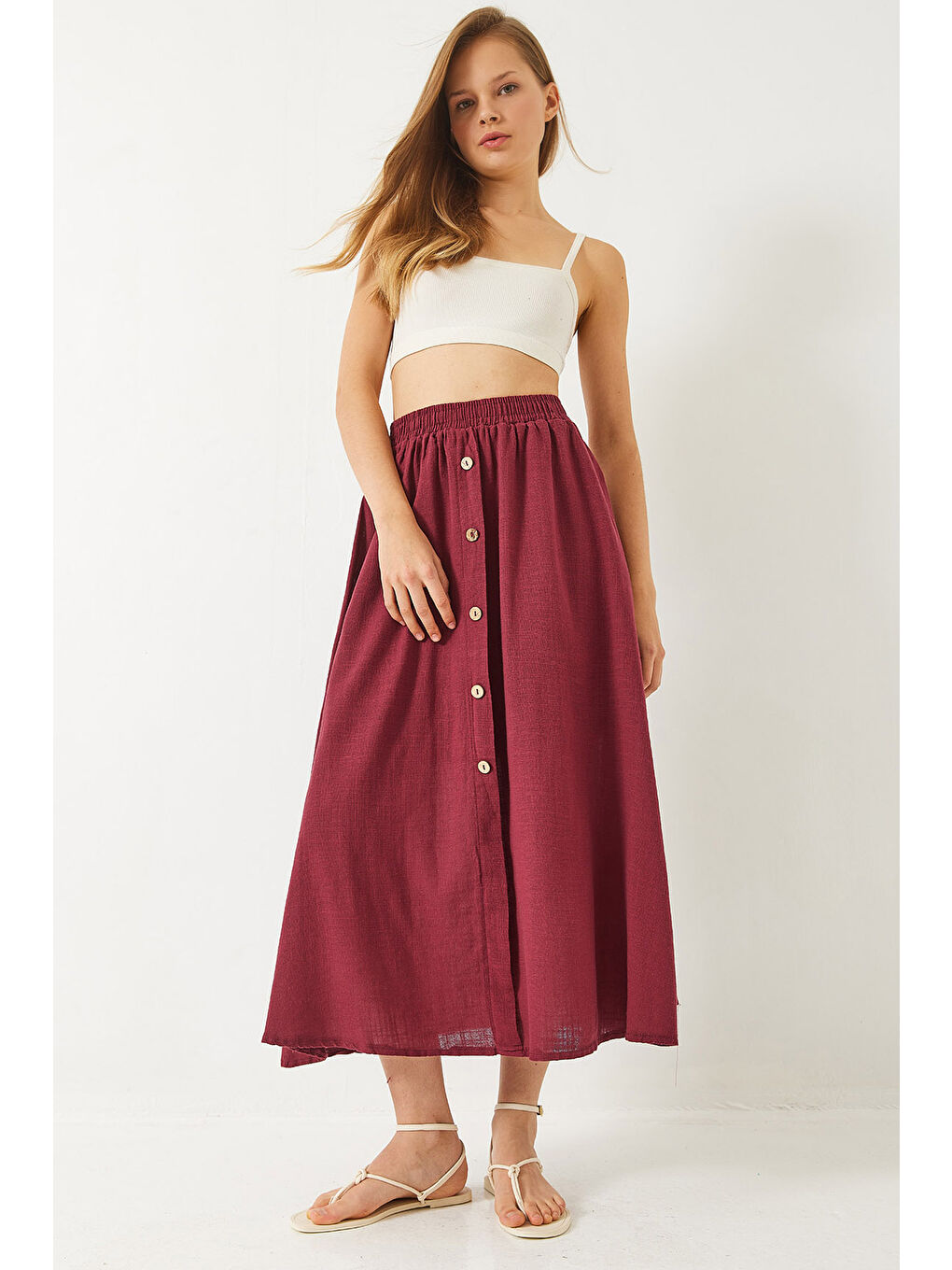 Bordo Kadın Düğme Detaylı Beli Lastikli Kısa Astarlı Keten Etek