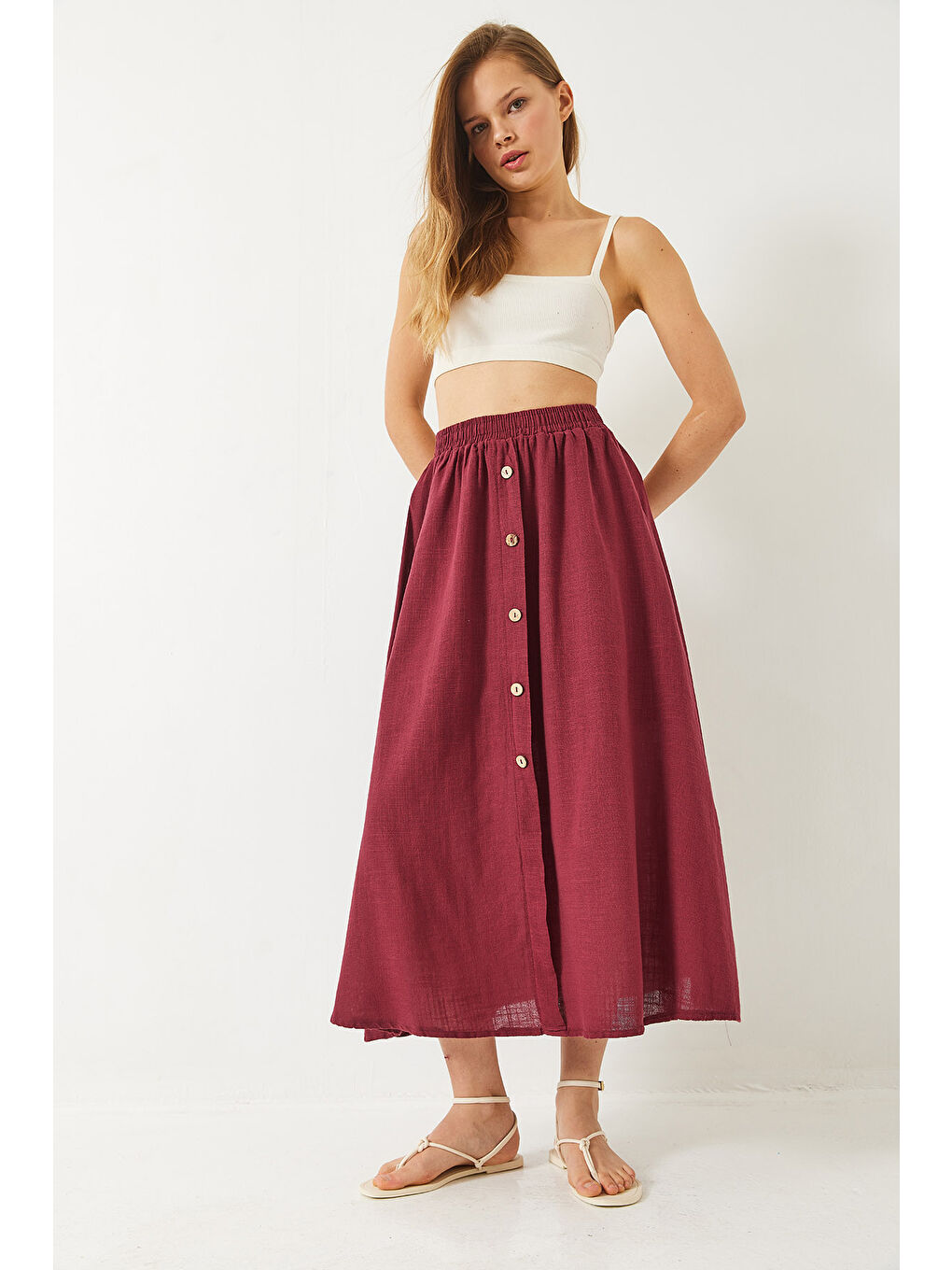 Bordo Kadın Düğme Detaylı Beli Lastikli Kısa Astarlı Keten Etek-1