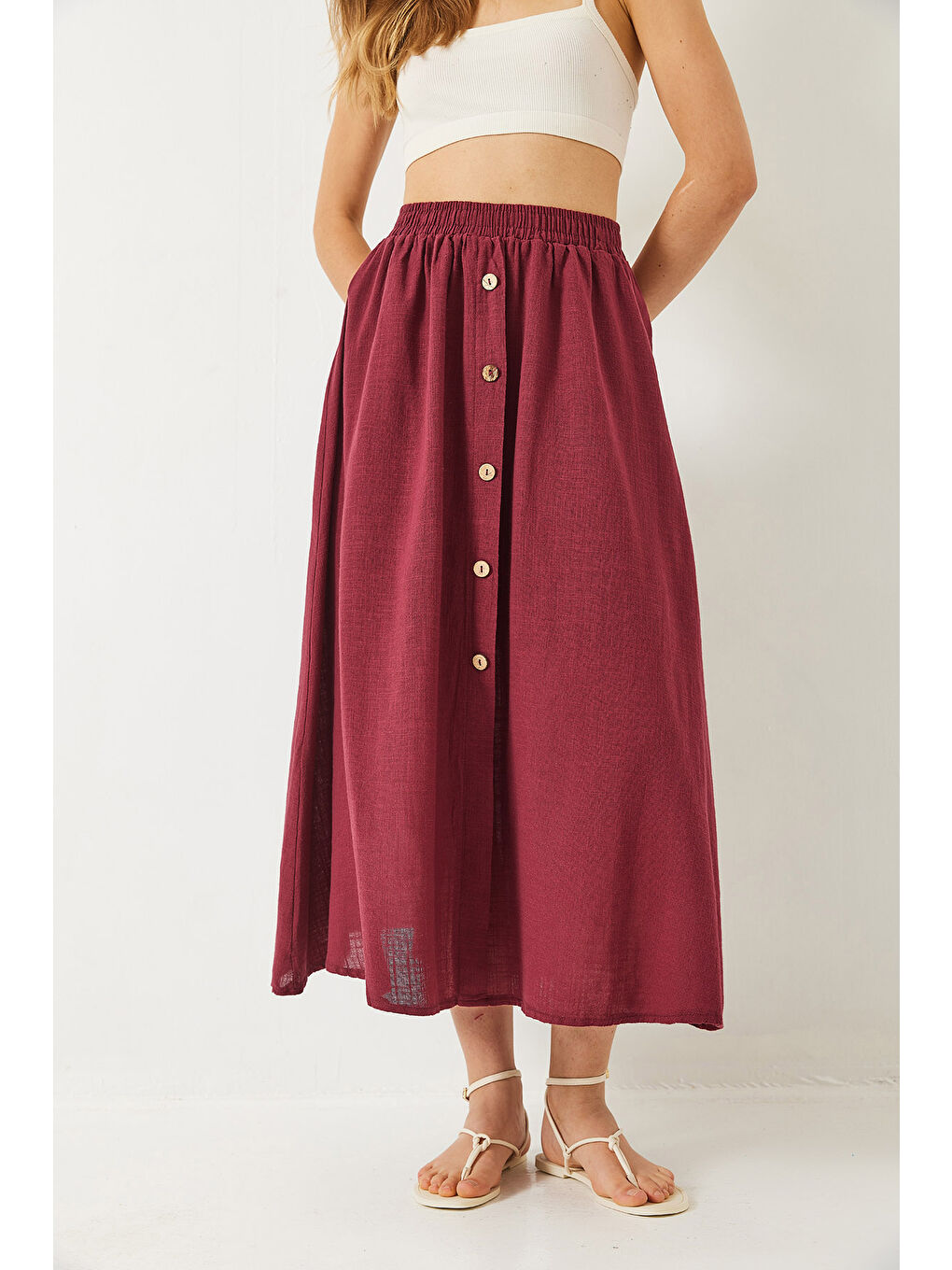 Bordo Kadın Düğme Detaylı Beli Lastikli Kısa Astarlı Keten Etek-2