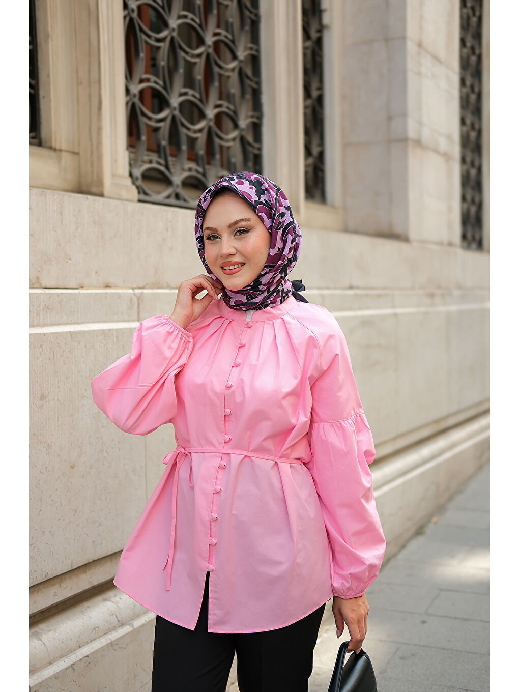 Kadın Brit Düğme Detaylı Gömlek Pembe-1